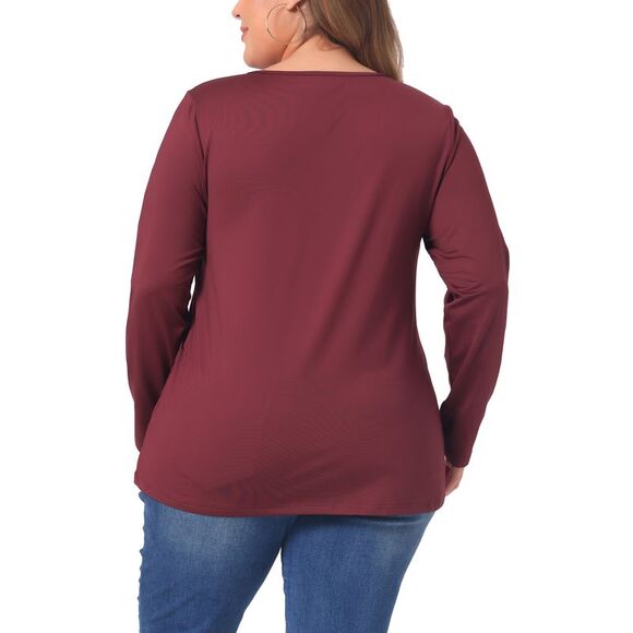 Plus Size Blouse Long Sleeve T-Shirt Notched Neck Loose Casual Top Burgundy - Picture 4 of 4